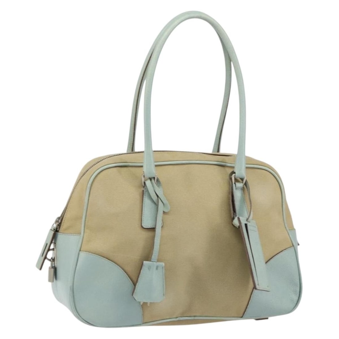 PRADA Beige Silver Canvas Boston Bag Authentic 148422 Italy: PRADA Beige Silver Canvas Boston Bag Authentic 148422 Italy This authentic PRADA Boston Bag showcases a stylish blend of beige canvas with silver accents, making it a chic addition to your collection.