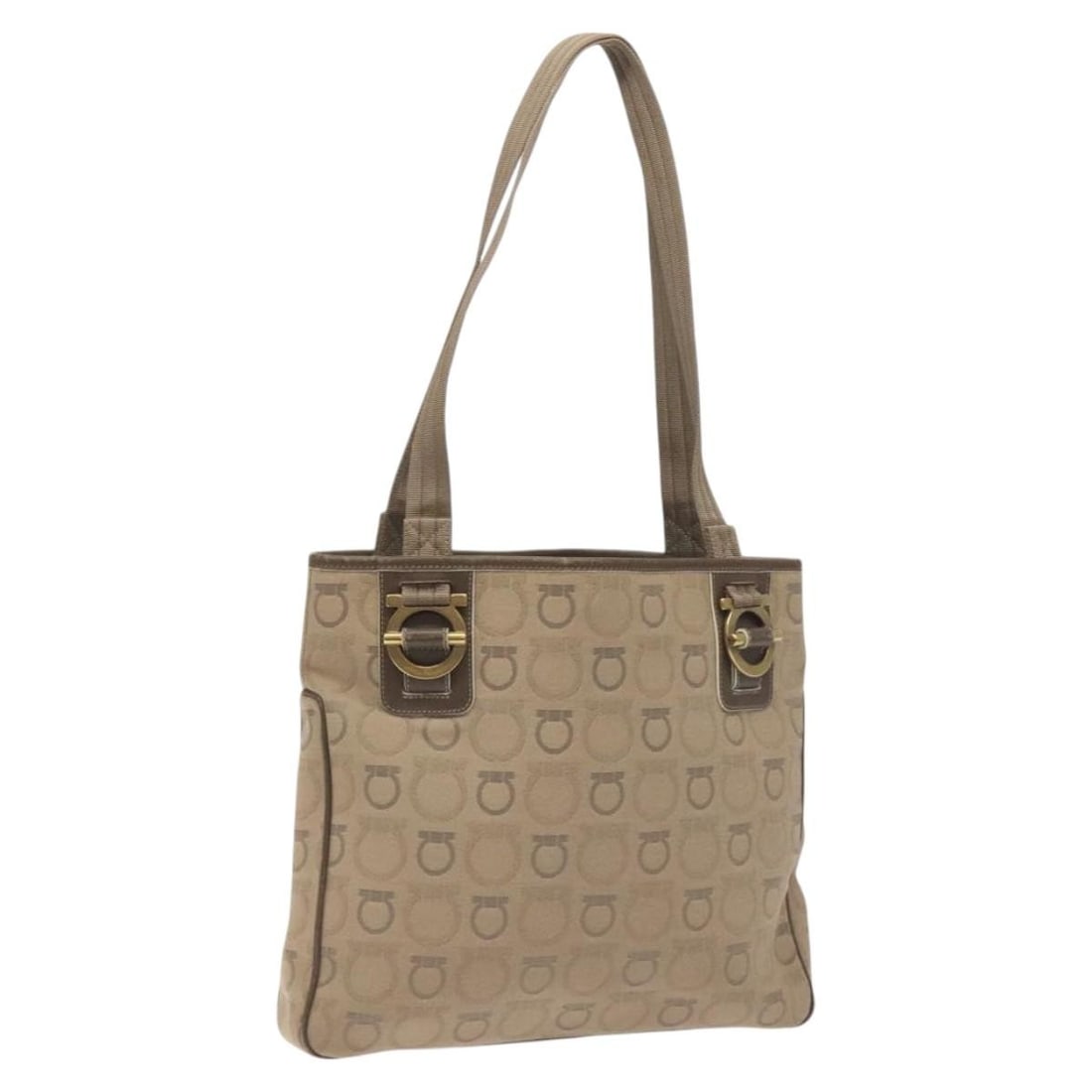 Salvatore Ferragamo Gancini Tote Bag Beige Gold Canvas Auth 128743: Salvatore Ferragamo Gancini Tote Bag Beige Gold Canvas Auth 128743 Presenting a stylish Salvatore Ferragamo Gancini Tote Bag, expertly crafted from durable canvas in a chic beige and gold color scheme