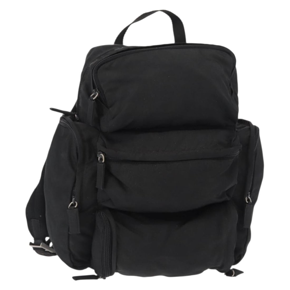 PRADA Black Nylon Backpack Silver Accents Auth 151656 Made in Italy: PRADA Black Nylon Backpack Silver Accents Auth 151656 Made in Italy This authentic PRADA backpack is crafted from durable nylon in a sleek black and silver color scheme. Designed for both style and fu