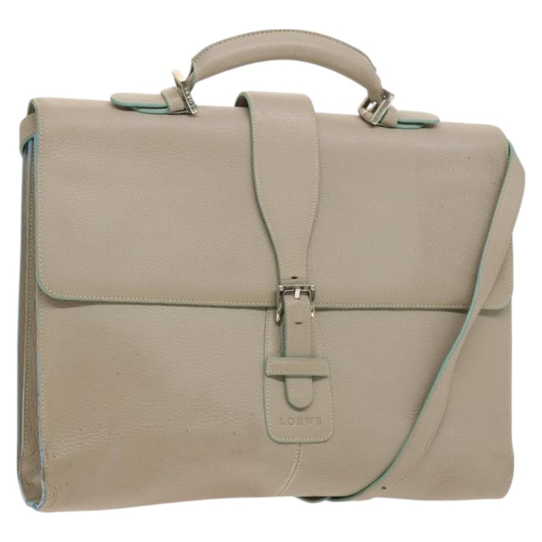 LOEWE Beige Leather Business Bag Made in Spain: LOEWE Beige Leather Business Bag Made in Spain This LOEWE Business Bag is crafted from high-quality leather in a sophisticated beige color, making it a stylish choice for professionals. With approxima