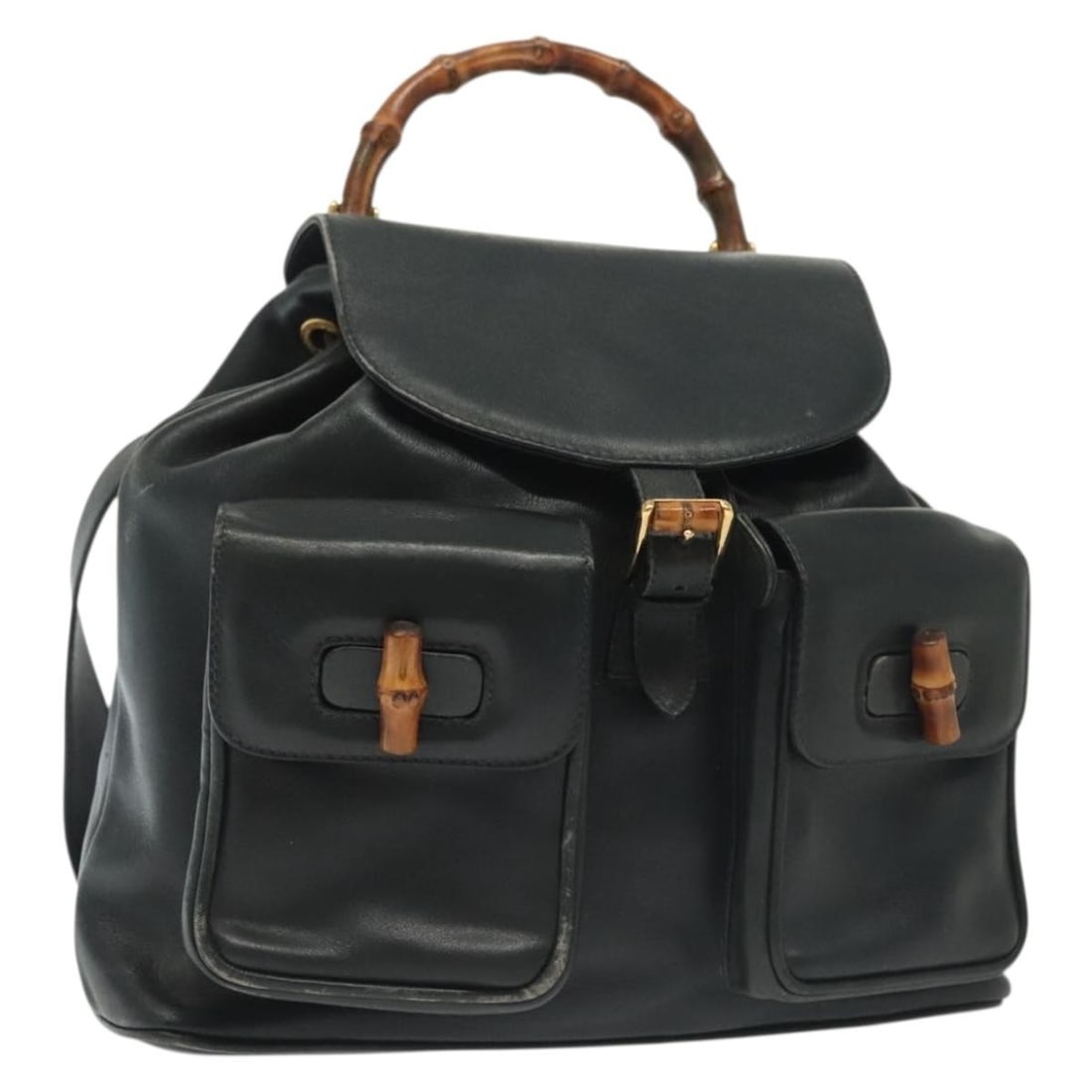 GUCCI Bamboo Leather Backpack Black Gold 003 2058 0016 Authentic: GUCCI Bamboo Leather Backpack Black Gold 003 2058 0016 Authentic This authentic GUCCI Bamboo Backpack is a luxurious accessory crafted in Italy. Made from high-quality leather, it features a striking