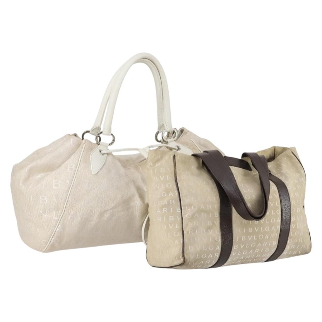 BVLGARI Logo Mania Hand Bag Canvas 2 Set Beige Brown Authentic: BVLGARI Logo Mania Hand Bag Canvas 2 Set Beige Brown Authentic This BVLGARI Logo Mania Hand Bag set features a stylish canvas design in a sophisticated beige and brown color scheme. Crafted in Italy,