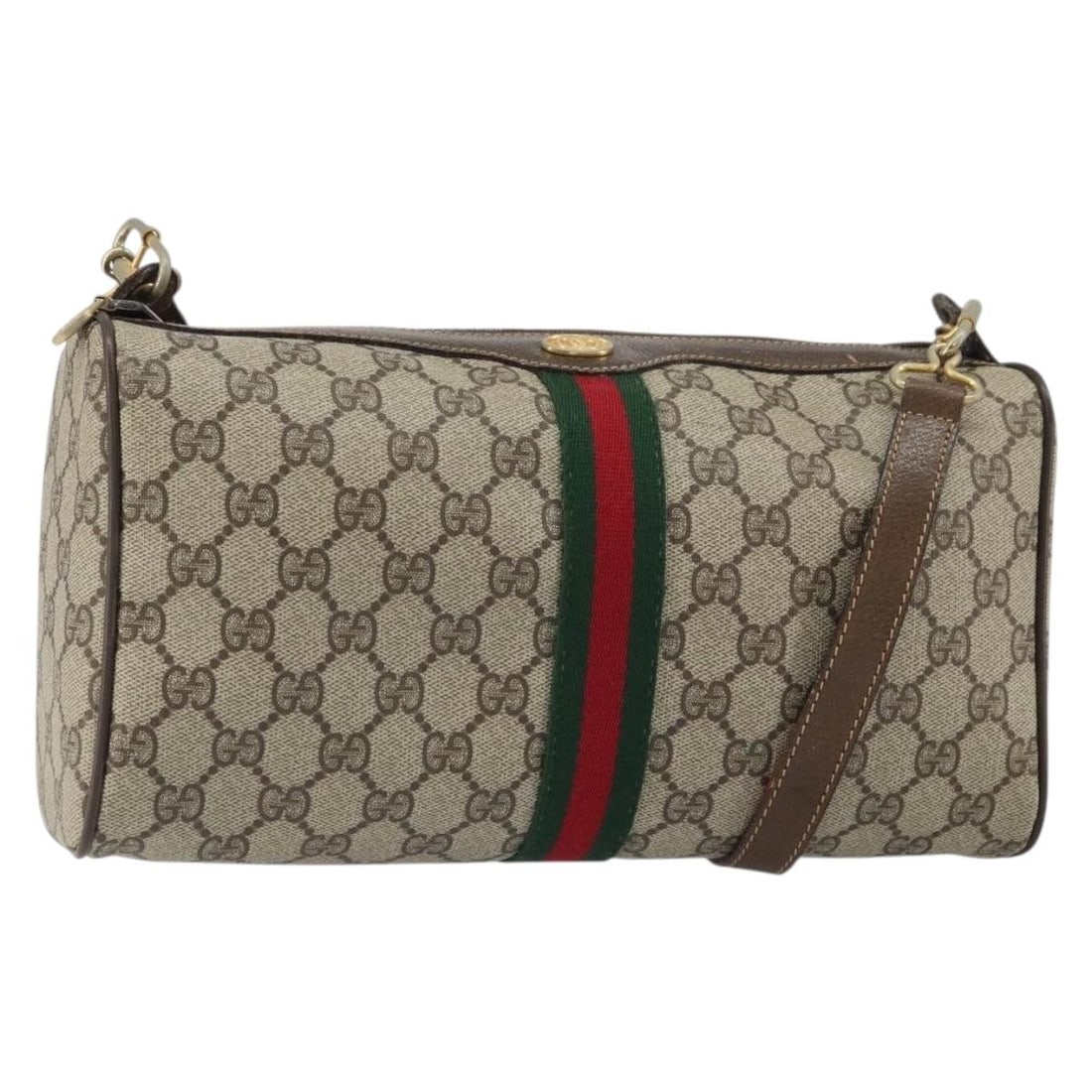 Gucci Web Sherry Line Beige PVC Leather Shoulder Bag 41 004 4464: Gucci Web Sherry Line Beige PVC Leather Shoulder Bag 41 004 4464 This is a Gucci Web Sherry Line shoulder bag crafted from beige and gold PVC leather. The bag features a structured silhouette with a s