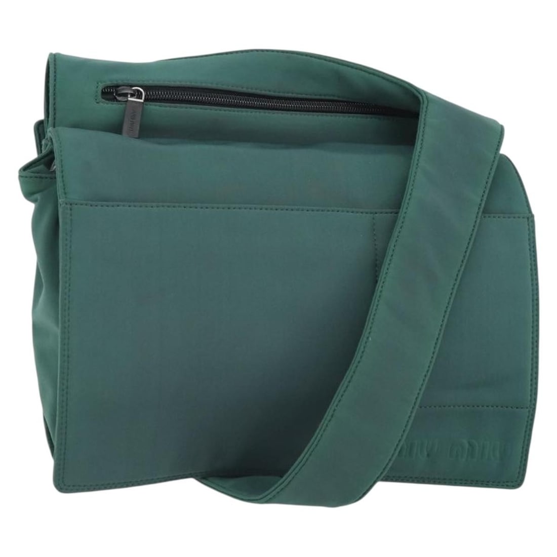 Green Nylon Miu Miu Shoulder Bag with Silver Accents Italy: Green Nylon Miu Miu Shoulder Bag with Silver Accents Italy This Miu Miu shoulder bag features a green and silver nylon exterior with a practical and modern design. Made in Italy, the bag offers a spac
