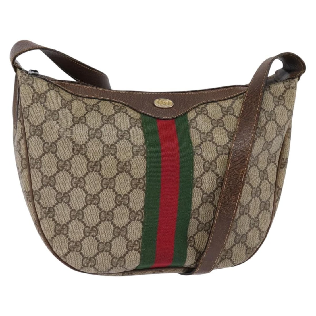GUCCI GG Supreme Sherry Line Shoulder Bag Beige Gold PVC Italy: GUCCI GG Supreme Sherry Line Shoulder Bag Beige Gold PVC Italy This stylish GUCCI GG Supreme Web Sherry Line Shoulder Bag is crafted in Italy from durable PVC leather and GG canvas, featuring a chic b