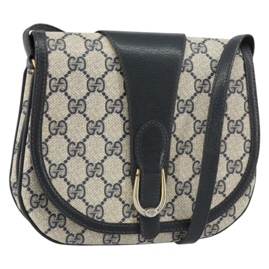 Navy GG Supreme PVC Shoulder Bag by Gucci Model 01 02 031: Navy GG Supreme PVC Shoulder Bag by Gucci Model 01 02 031 This Gucci GG Supreme shoulder bag features a navy and gold color scheme with PVC leather and GG canvas construction. Made in Italy, the bag i