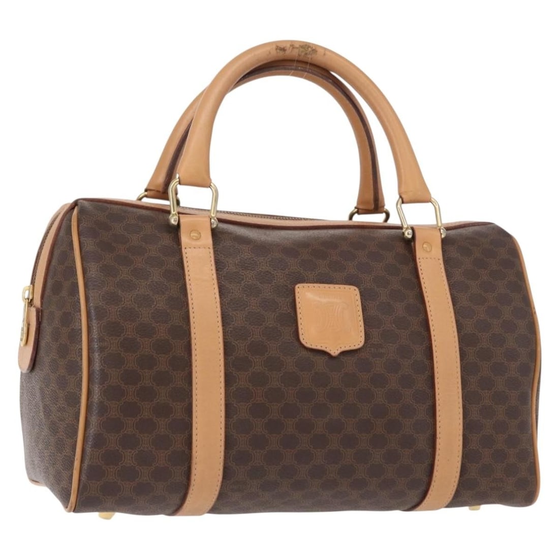 CELINE Macadam Canvas Boston Bag PVC Brown Gold Auth M14: CELINE Macadam Canvas Boston Bag PVC Brown Gold Auth M14 This Celine Macadam Canvas Boston Bag combines elegance with practicality, showcasing a luxurious brown and gold color scheme. Crafted in Italy