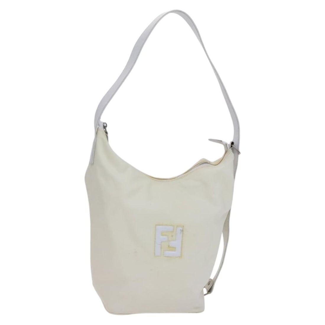 FENDI Nylon Shoulder Bag Beige White Silver Made in Italy: FENDI Nylon Shoulder Bag Beige White Silver Made in Italy This stylish Fendi shoulder bag combines functionality and elegance, crafted from durable nylon in a chic beige, white, and silver color palet