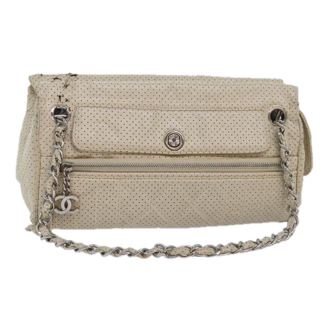 CHANEL White Silver Leather Shoulder Bag with Chain 91310 (1 of 18)