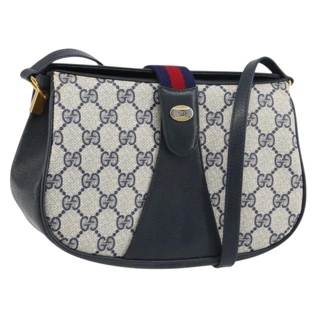 GUCCI GG Supreme Sherry Line Shoulder Bag Navy Gold Auth 10 02 024: GUCCI GG Supreme Sherry Line Shoulder Bag Navy Gold Auth 10 02 024 This GUCCI GG Supreme Sherry Line Shoulder Bag is a stylish accessory crafted from durable PVC leather in a rich navy and gold color