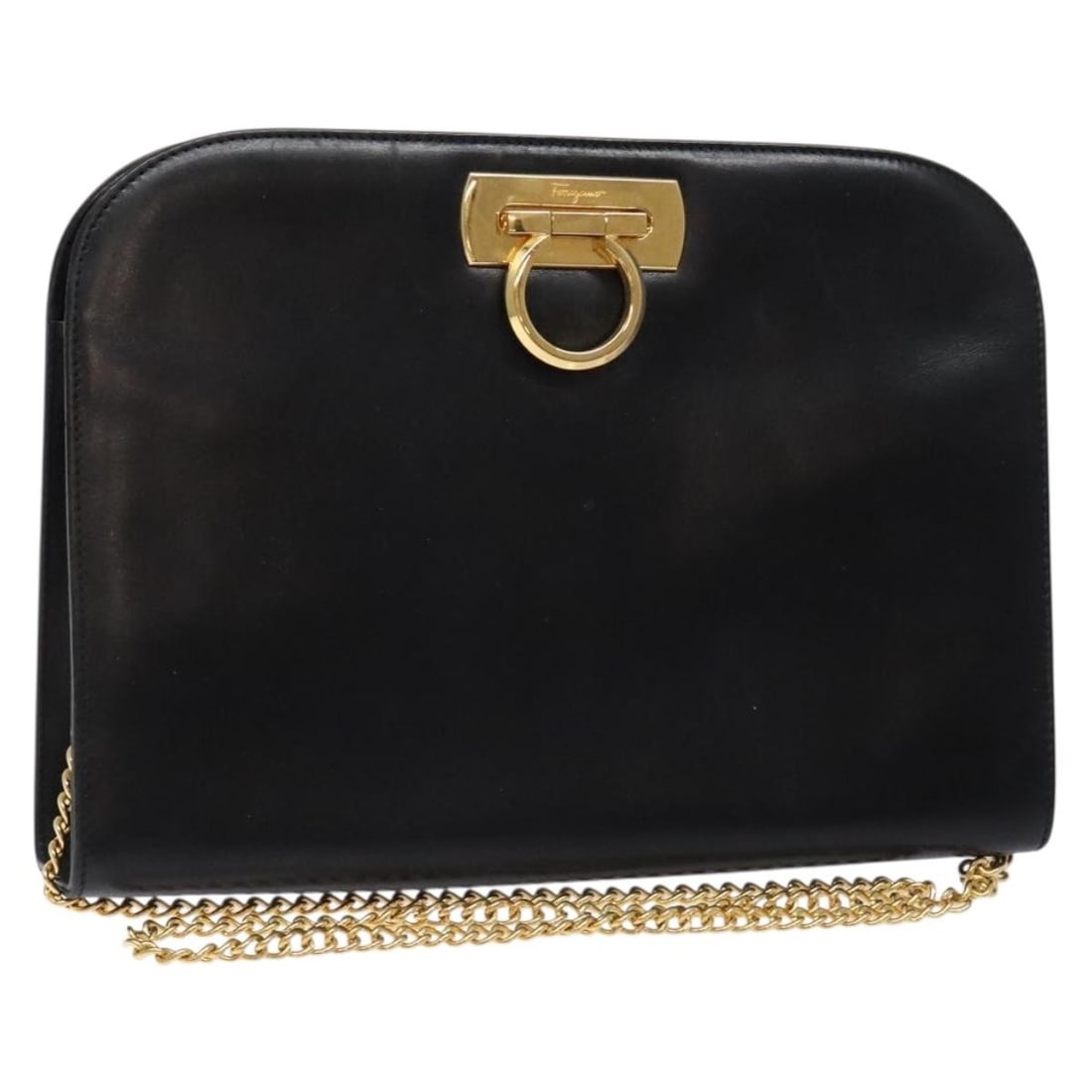 Salvatore Ferragamo Gancini Chain Shoulder Bag Leather Black Gold Made in Italy (1 of 18)