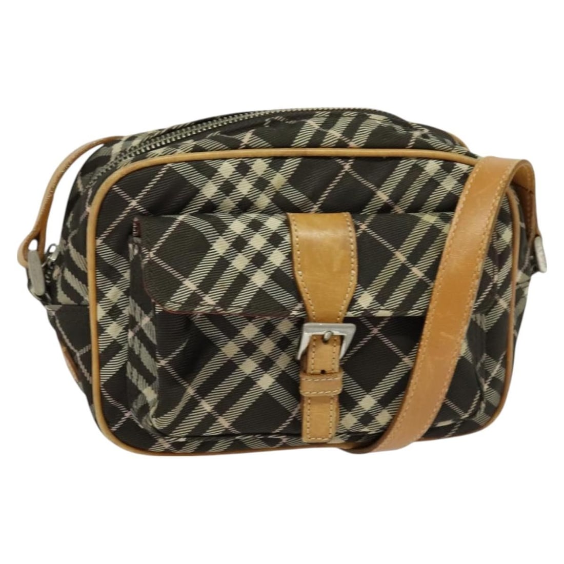 Canvas shoulder bag with Nova Check Blue Label design by Burberry: Canvas shoulder bag with Nova Check Blue Label design by Burberry This Burberry Nova Check Blue Label shoulder bag features a brown and silver canvas exterior with classic Burberry styling. The bag is