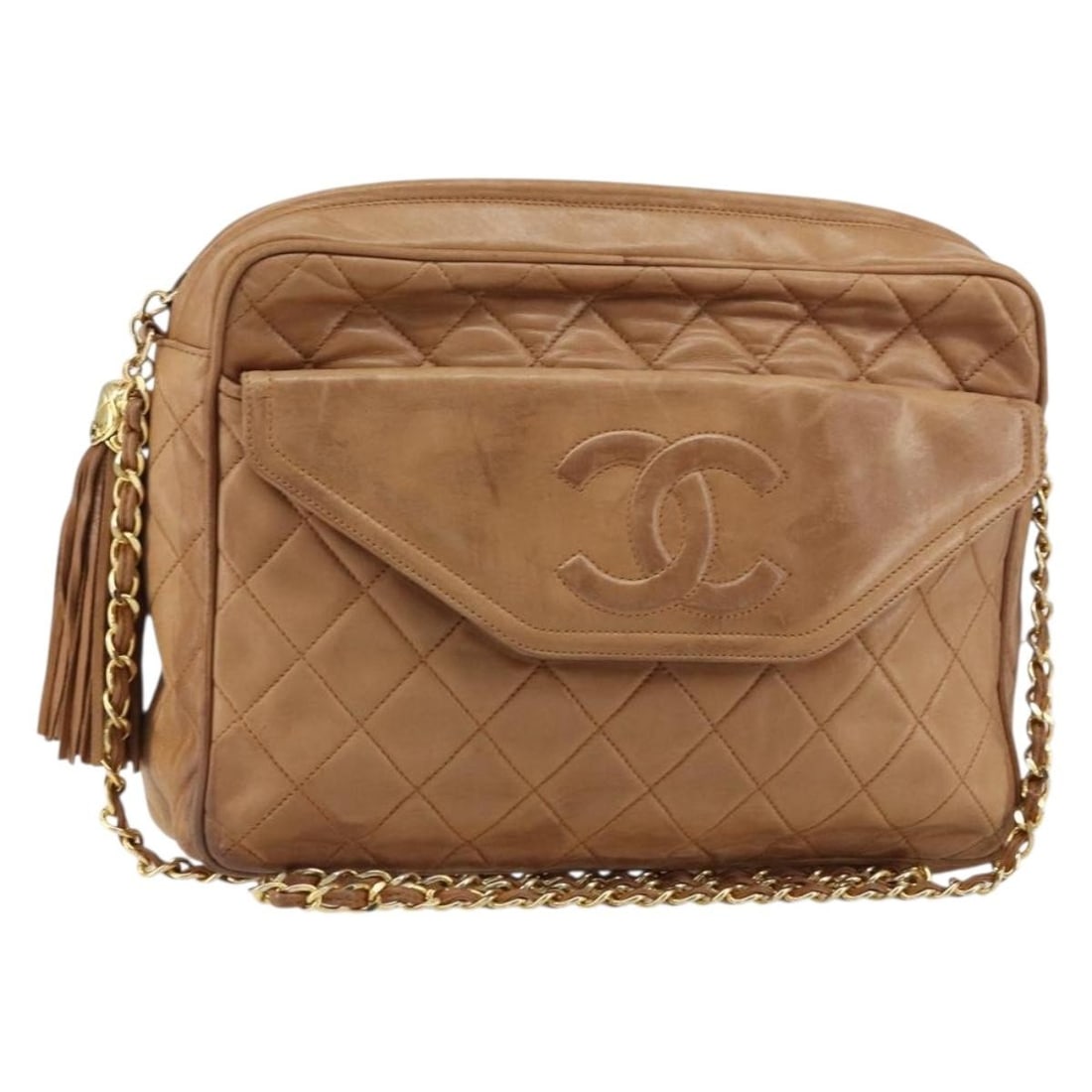 CHANEL Brown Gold Matelasse Fringe Shoulder Bag Lamb Skin Auth: CHANEL Brown Gold Matelasse Fringe Shoulder Bag Lamb Skin Auth This CHANEL Matelasse Fringe Chain Shoulder Bag is a luxurious accessory crafted from high-quality lambskin in a sophisticated brown and