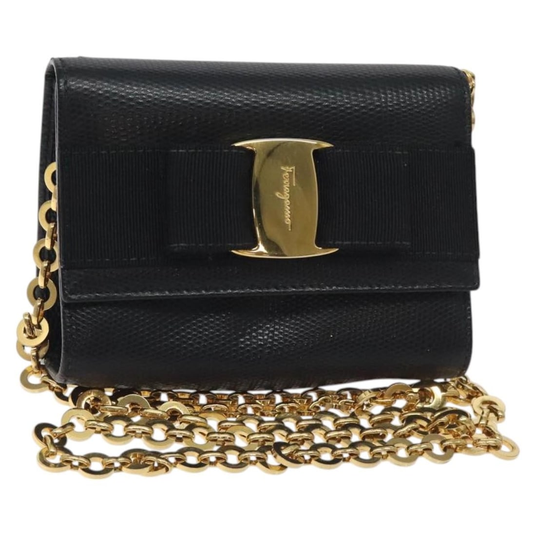 Salvatore Ferragamo Chain Vala Black Gold Leather Shoulder Bag Auth Italy (1 of 18)