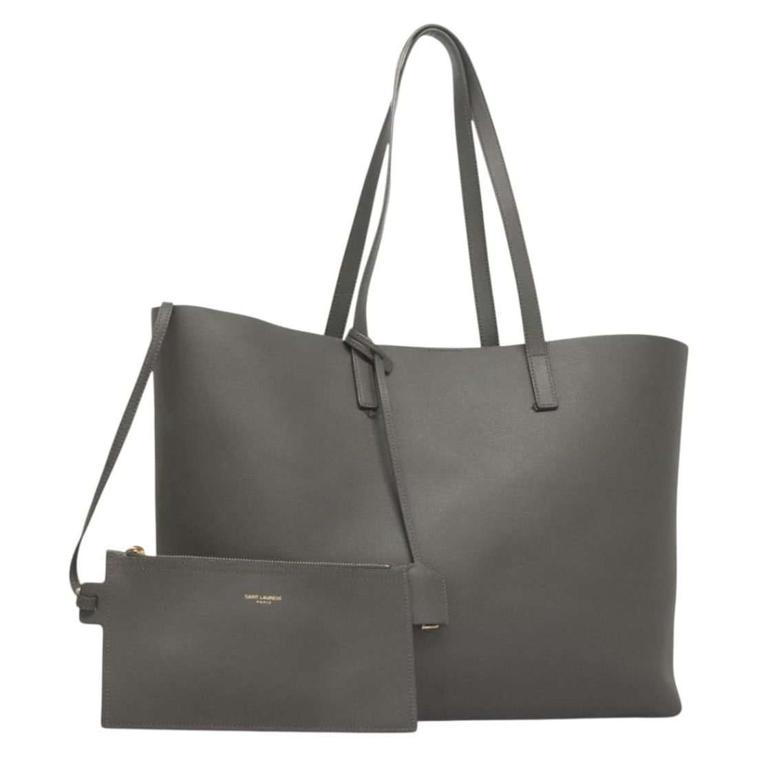 SAINT LAURENT Gray Gold Leather Tote Bag with Pouch Italy: SAINT LAURENT Gray Gold Leather Tote Bag with Pouch Italy This SAINT LAURENT Tote Bag combines luxury and practicality, crafted from high-quality leather in a sophisticated gray and gold color scheme.