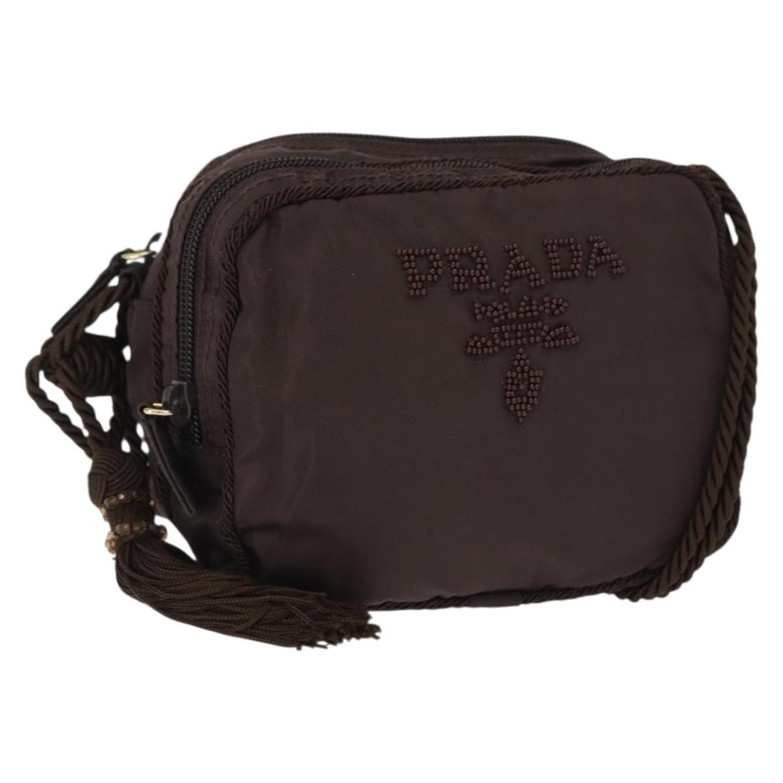 Brown Nylon PRADA Shoulder Bag with Gold Tone Made in Italy: Brown Nylon PRADA Shoulder Bag with Gold Tone Made in Italy This PRADA shoulder bag is crafted from brown and gold nylon and features a compact, structured silhouette. It is designed with a drop shoul