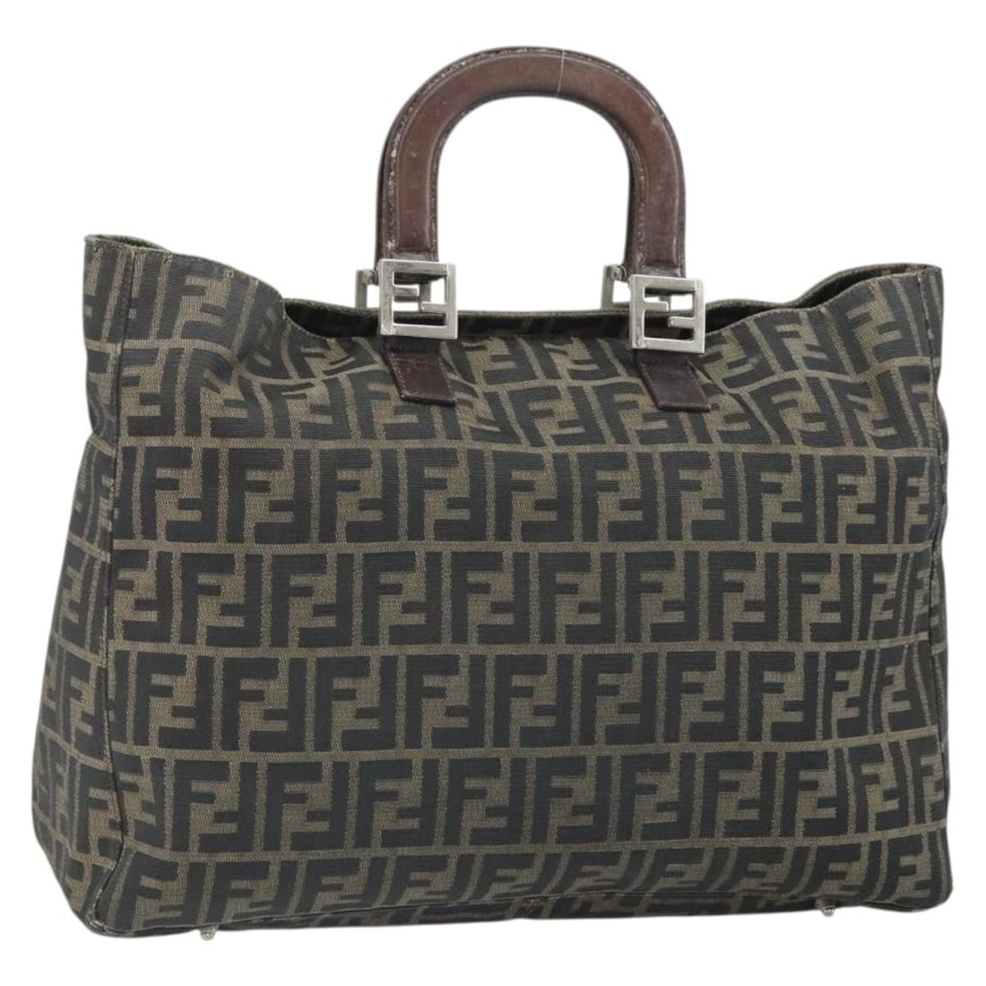 Zucca Canvas Brown Black Silver Fendi Hand Bag Italy: Zucca Canvas Brown Black Silver Fendi Hand Bag Italy This FENDI Zucca canvas handbag features a brown, black, and silver color scheme with the iconic Zucca pattern. The bag is crafted in Italy and off