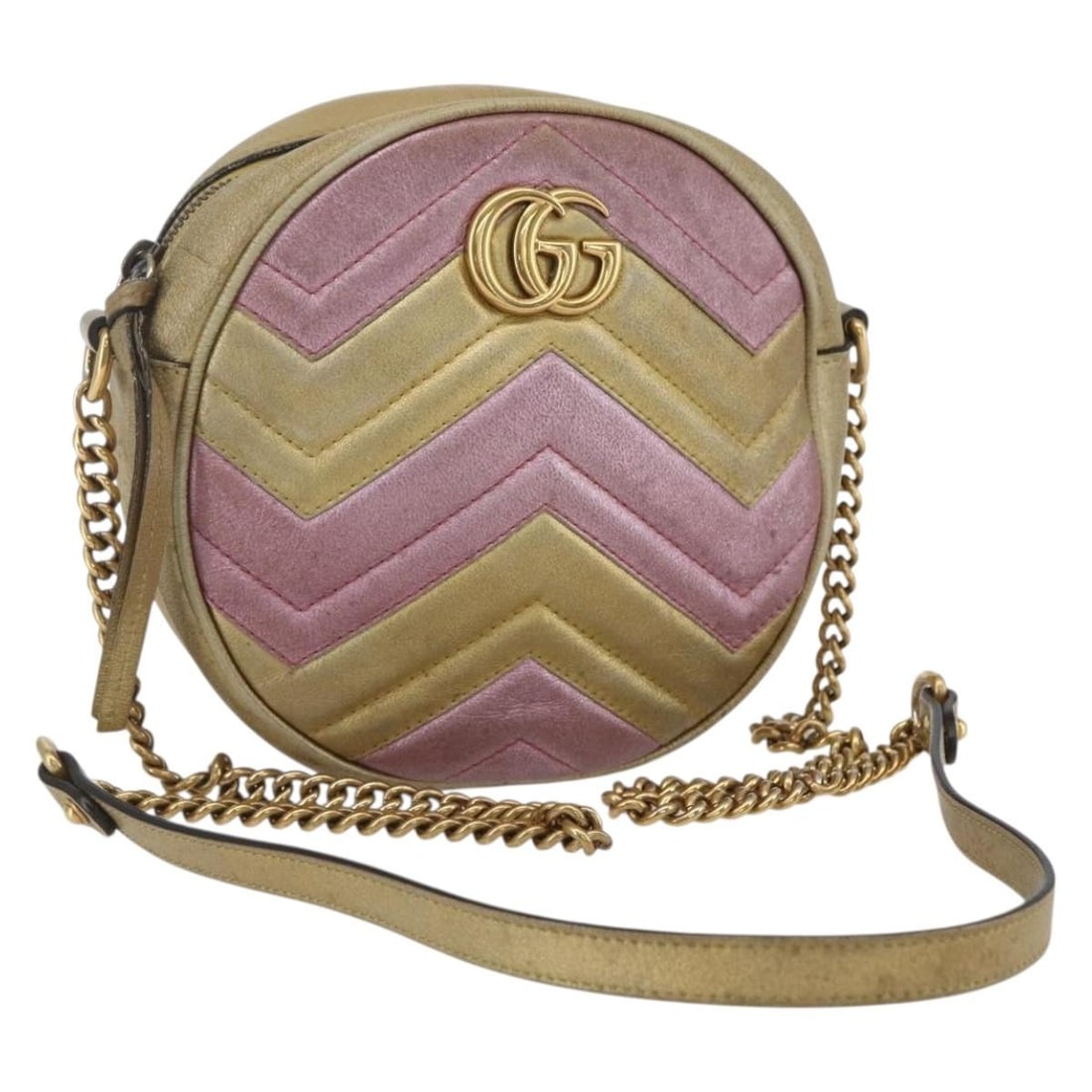 GUCCI GG Marmont Pink Gold Leather Shoulder Bag Auth 550154: GUCCI GG Marmont Pink Gold Leather Shoulder Bag Auth 550154 This authentic GUCCI Chain GG Marmont Shoulder Bag is a luxurious accessory crafted from high-quality leather. Featuring a chic pink and gol