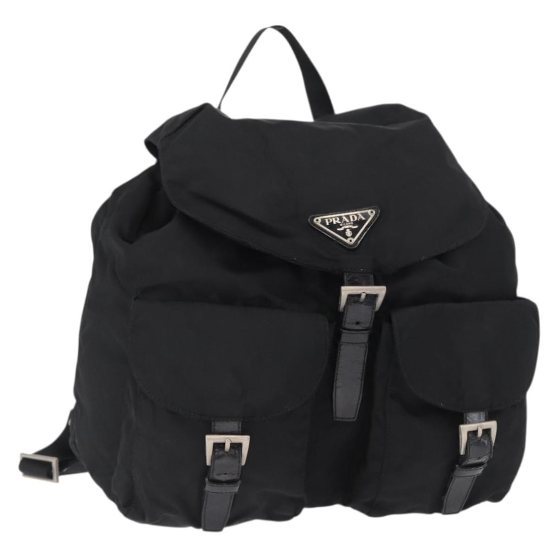 Black Nylon Prada Backpack with Silver Tone Accents and Guarantee Card: Black Nylon Prada Backpack with Silver Tone Accents and Guarantee Card This authentic PRADA backpack features a black nylon exterior with silver-tone accents. Designed for practicality and style, it i