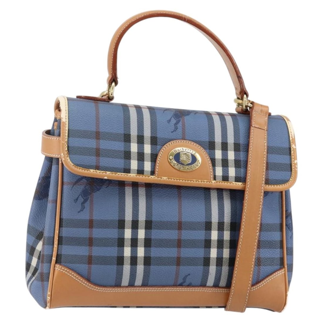 Burberrys Nova Check Blue Gold PVC Hand Bag with Shoulder Strap: Burberrys Nova Check Blue Gold PVC Hand Bag with Shoulder Strap This Burberrys Nova Check Hand Bag is a stylish accessory made from durable PVC leather in a striking blue and gold color combination. D