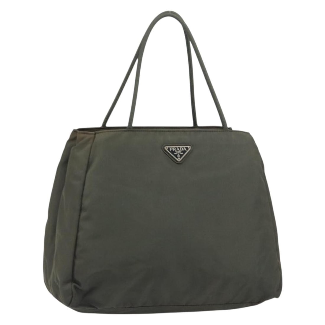 PRADA Khaki Silver Nylon Hand Bag Italy Authentic: PRADA Khaki Silver Nylon Hand Bag Italy Authentic This PRADA Hand Bag is a stylish and functional accessory crafted in Italy. Made from durable nylon, this bag features a chic khaki and silver color c