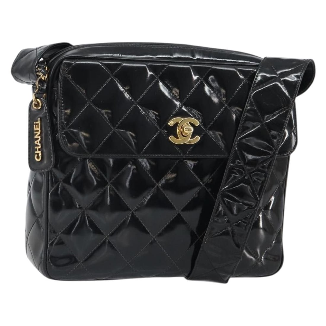 Black Patent Leather CHANEL Matelasse Shoulder Bag with Gold CC Logo and Card: Black Patent Leather CHANEL Matelasse Shoulder Bag with Gold CC Logo and Card This CHANEL Matelasse shoulder bag is crafted from black patent leather with gold-tone accents and features the iconic CC