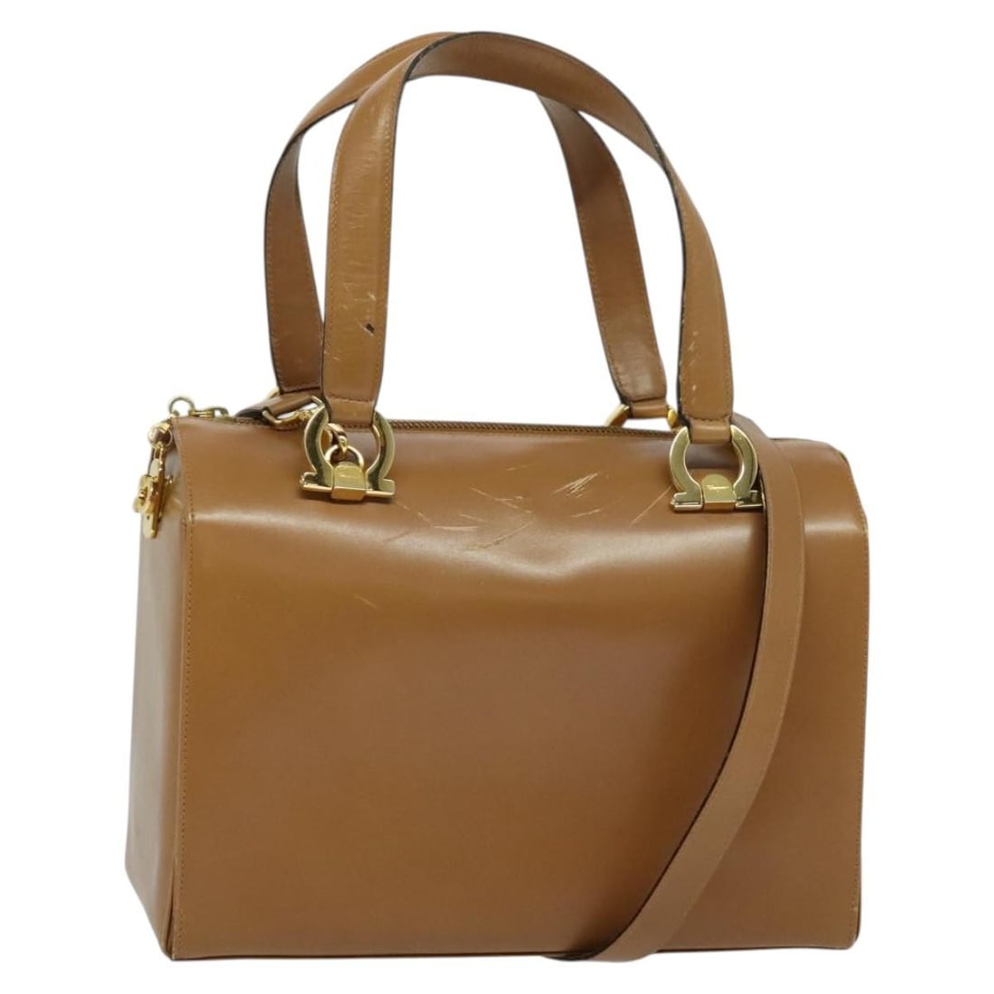 Salvatore Ferragamo Gancini Leather Hand Bag Brown Gold Auth 139653 (1 of 18)