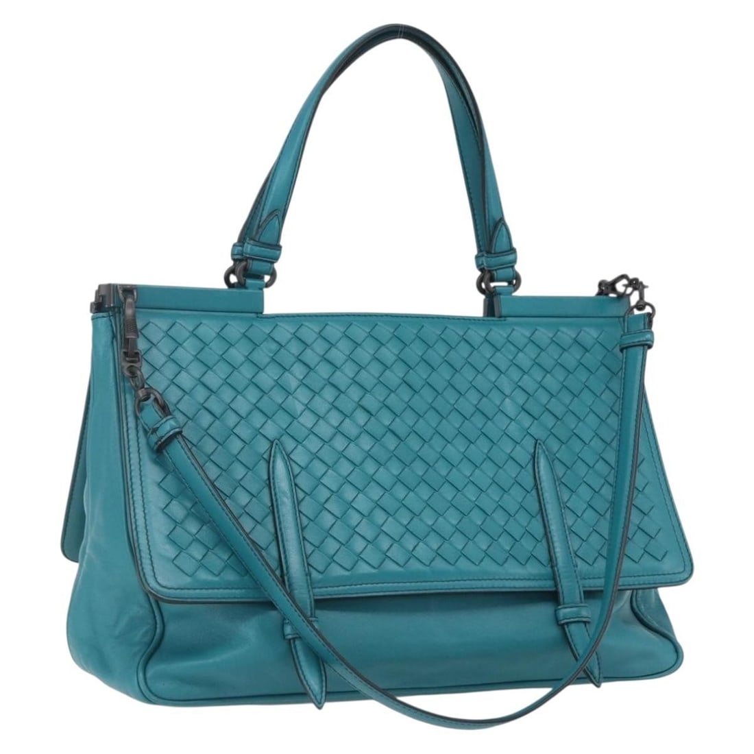 Turquoise Blue Intrecciato Leather Handbag with Shoulder Strap by Bottega Veneta: Turquoise Blue Intrecciato Leather Handbag with Shoulder Strap by Bottega Veneta This Bottega Veneta Intrecciato handbag is crafted from turquoise blue leather and features a versatile 2-way design. I