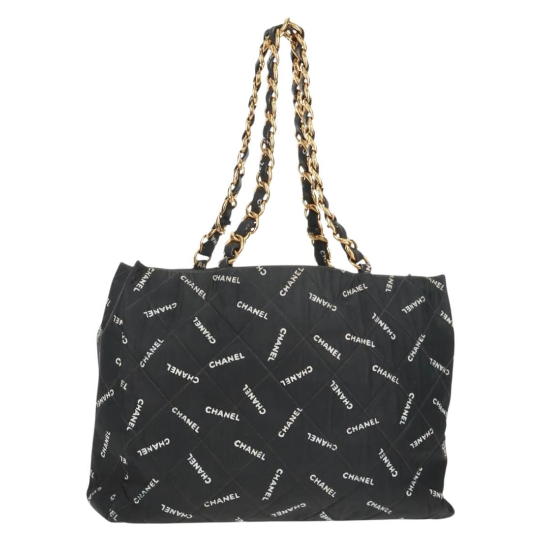 Black and Gold Canvas CHANEL Matelasse Shoulder Bag with Chain Strap: Black and Gold Canvas CHANEL Matelasse Shoulder Bag with Chain Strap This is a CHANEL Matelasse chain shoulder bag crafted from black and gold canvas. The bag features a signature chain shoulder strap