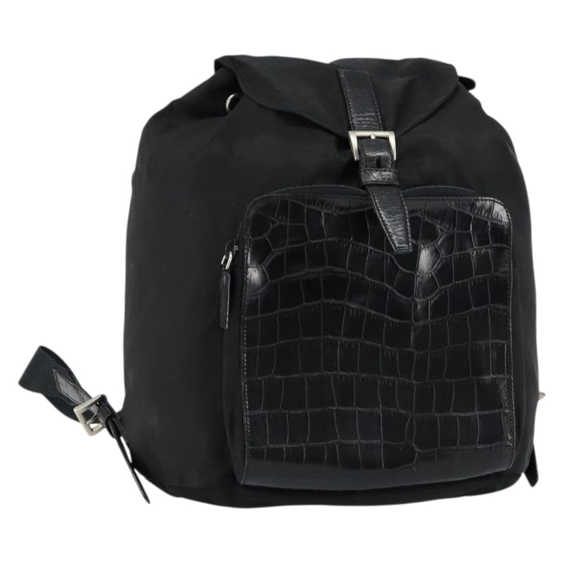 PRADA Embossed Nylon Backpack Black Silver Italy Auth: PRADA Embossed Nylon Backpack Black Silver Italy Auth This PRADA Embossing Backpack is a stylish and practical accessory, crafted from durable nylon in a sleek black and silver color combination. Meas