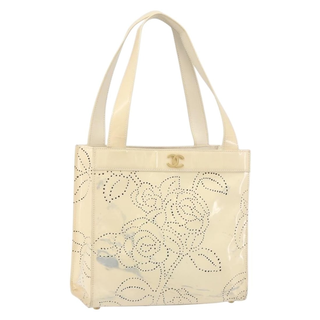 CHANEL Camelia Ivory Patent Leather Shoulder Bag with Gold CC Logo and Card: CHANEL Camelia Ivory Patent Leather Shoulder Bag with Gold CC Logo and Card This CHANEL Camelia shoulder bag features ivory patent leather with gold-tone accents and the iconic CC logo. Designed in a