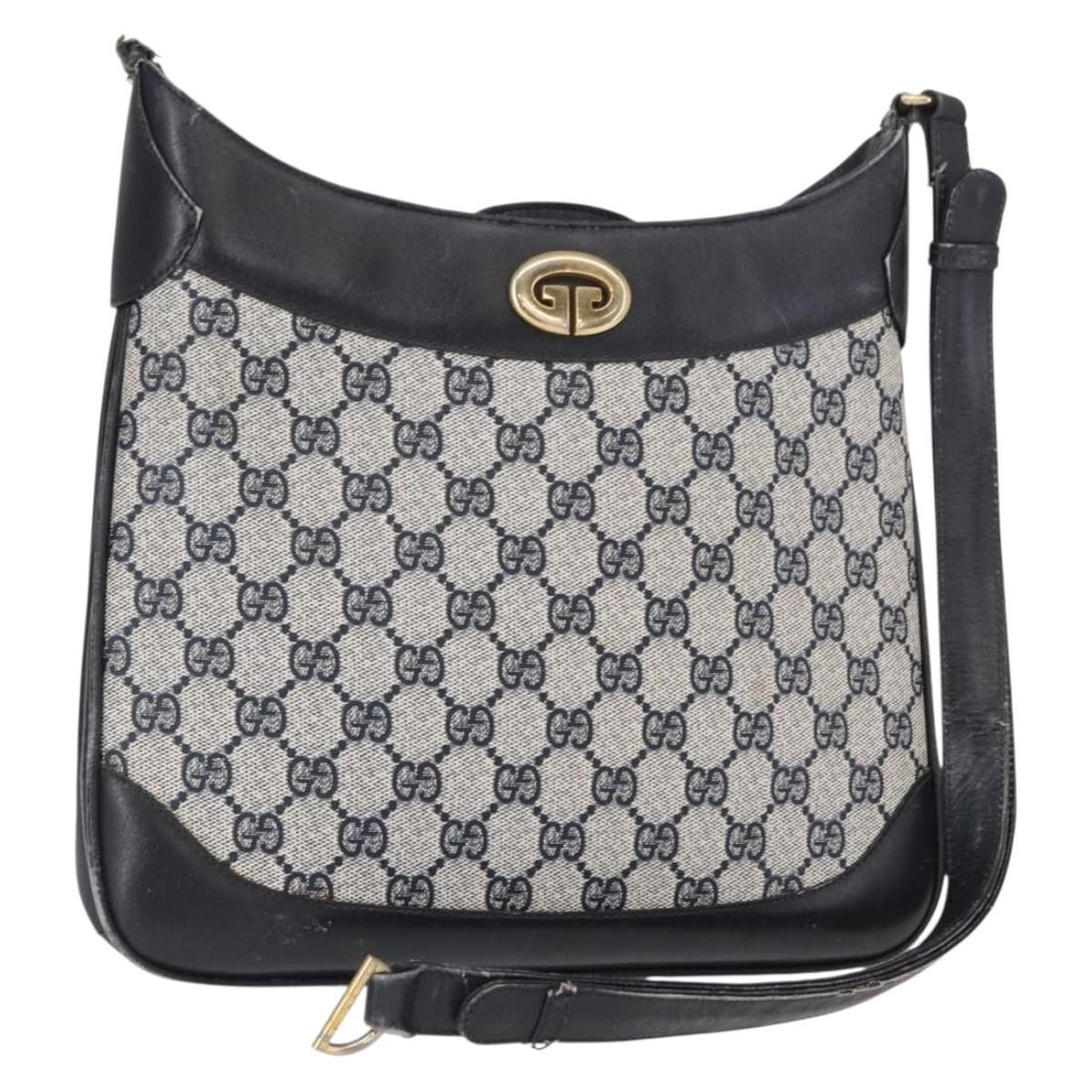 GUCCI GG Supreme Navy Gold Shoulder Bag PVC Leather Italy Auth: GUCCI GG Supreme Navy Gold Shoulder Bag PVC Leather Italy Auth This authentic GUCCI GG Supreme Shoulder Bag showcases a stylish blend of Navy PVC leather and GG canvas, making it a fashionable accesso