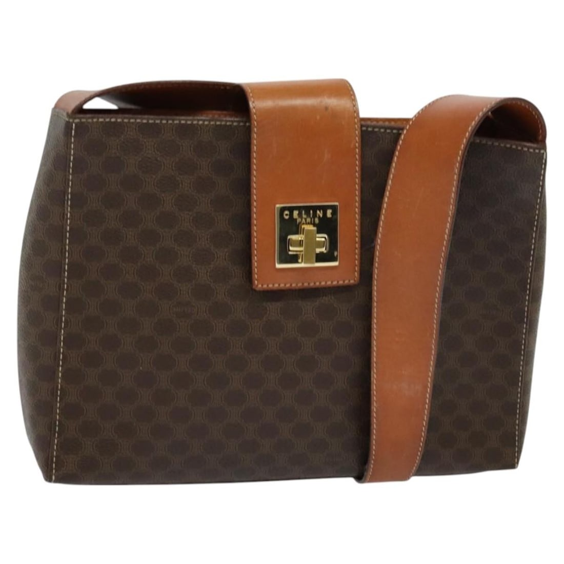 CELINE Macadam Canvas Shoulder Bag Brown Gold PVC Leather Italy: CELINE Macadam Canvas Shoulder Bag Brown Gold PVC Leather Italy This authentic CELINE Macadam Canvas Shoulder Bag showcases a chic combination of brown and gold hues, crafted from durable PVC leather