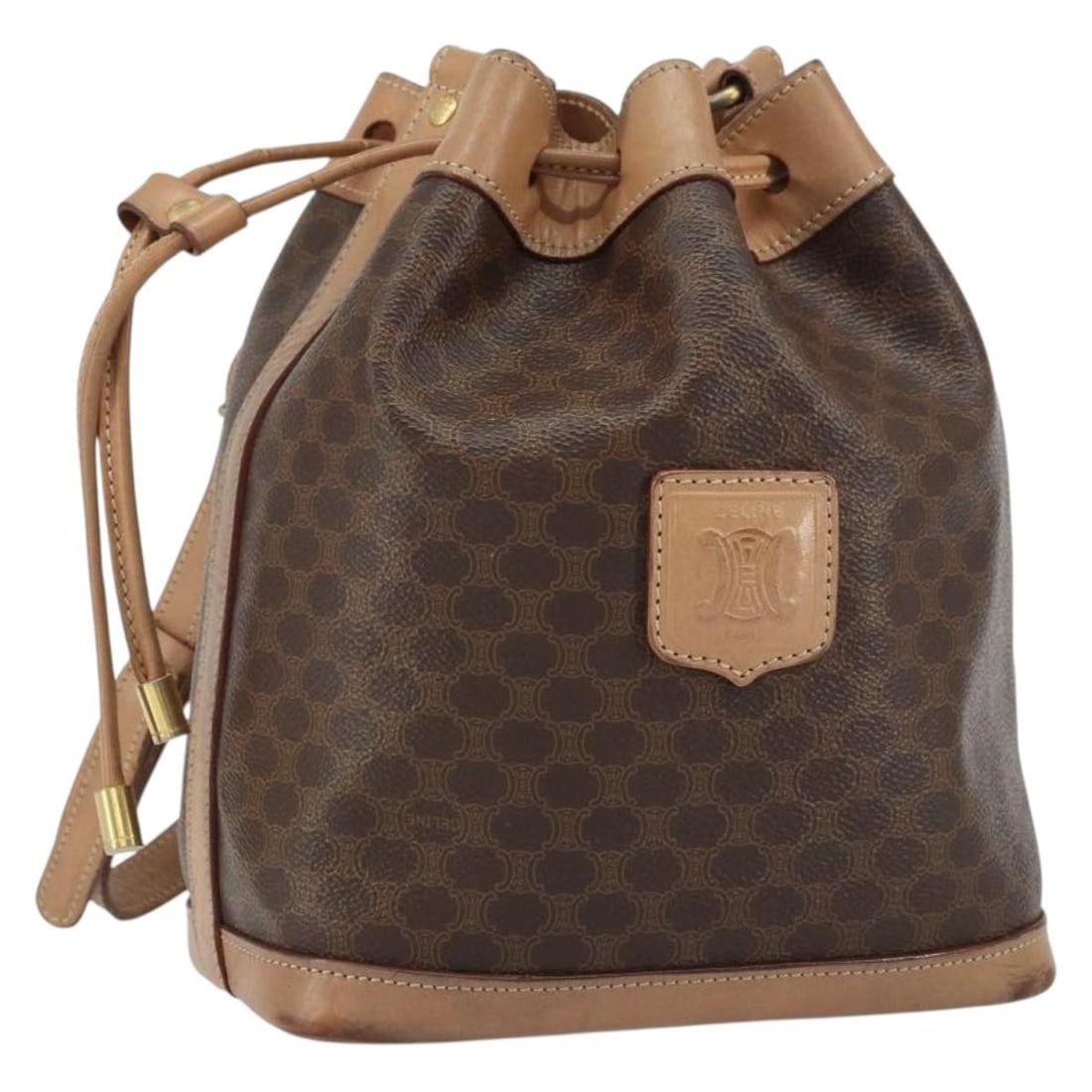CELINE Macadam Canvas Brown Gold Shoulder Bag Italy Auth M13: CELINE Macadam Canvas Brown Gold Shoulder Bag Italy Auth M13 This authentic CELINE Macadam Canvas Shoulder Bag is a stylish and functional accessory made in Italy. Crafted from durable PVC leather in
