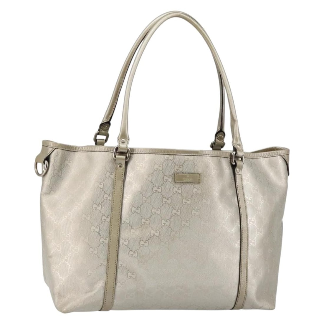 GUCCI GG Canvas Tote Bag Silver 197953 Authentic Italy: GUCCI GG Canvas Tote Bag Silver 197953 Authentic Italy This stylish GUCCI GG Implementation Tote Bag is a statement piece, featuring a silver GG Canvas exterior that combines luxury with functionality