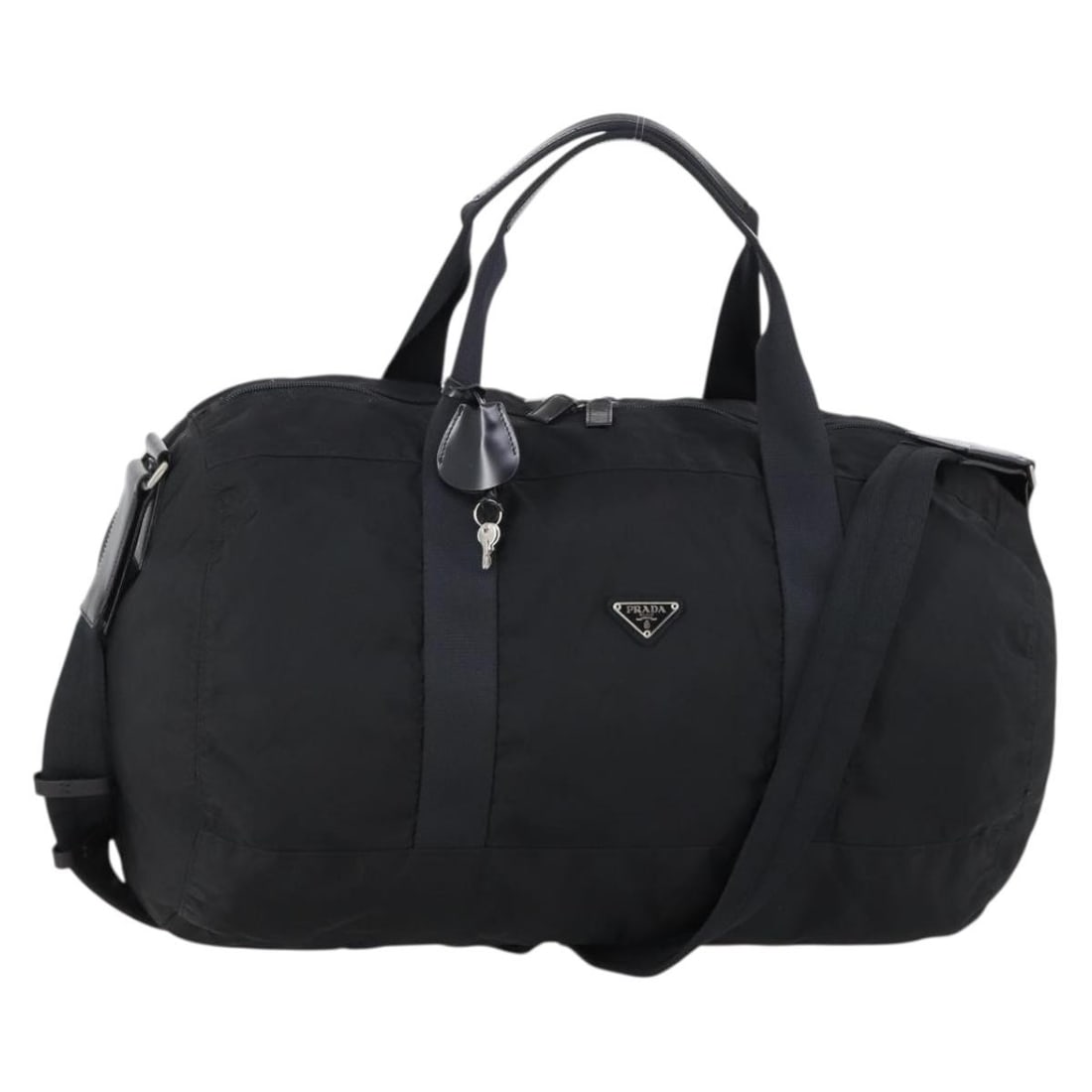 PRADA Black Nylon Boston Bag 2-Way with Silver Accents Authentic: PRADA Black Nylon Boston Bag 2-Way with Silver Accents Authentic This authentic PRADA Boston Bag is a stylish and versatile accessory, crafted in Italy from durable nylon in a sleek black and silver c