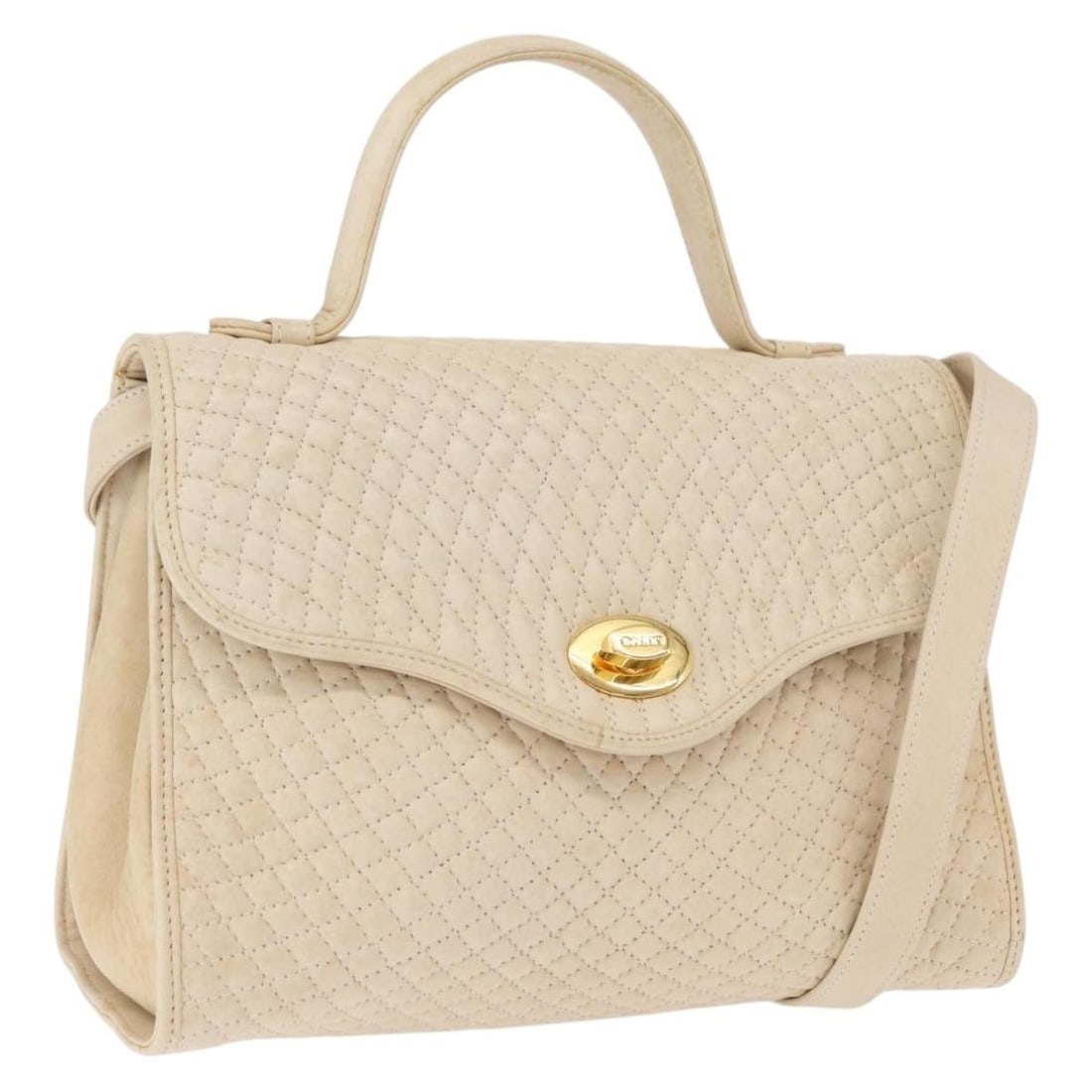 Ivory Leather Bally 2way Shoulder and Handbag with Gold Accents: Ivory Leather Bally 2way Shoulder and Handbag with Gold Accents This BALLY handbag features a two-way design crafted from leather in an ivory and gold color scheme. Made in Italy, it includes both a s