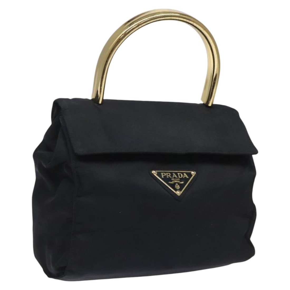 PRADA Navy Gold Nylon Hand Bag Made in Italy: PRADA Navy Gold Nylon Hand Bag Made in Italy This authentic PRADA hand bag showcases a stylish navy and gold color combination, crafted from durable nylon. With a compact design, it features a height