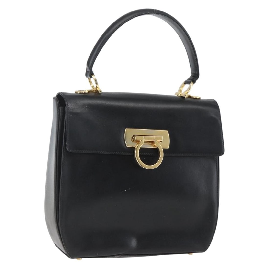 Black Leather Gancini Handbag by Salvatore Ferragamo Gold Tone Hardware: Black Leather Gancini Handbag by Salvatore Ferragamo Gold Tone Hardware This Salvatore Ferragamo Gancini handbag features black leather with gold-tone accents and is crafted in Italy. The bag has a st