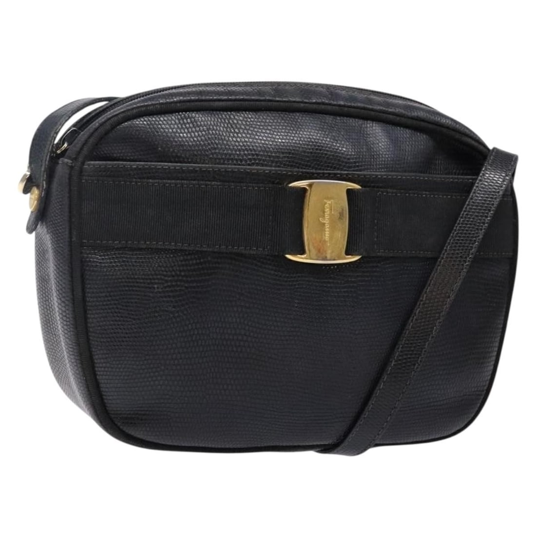 Salvatore Ferragamo Vala Leather Shoulder Bag Black Gold Auth BA5268 (1 of 18)