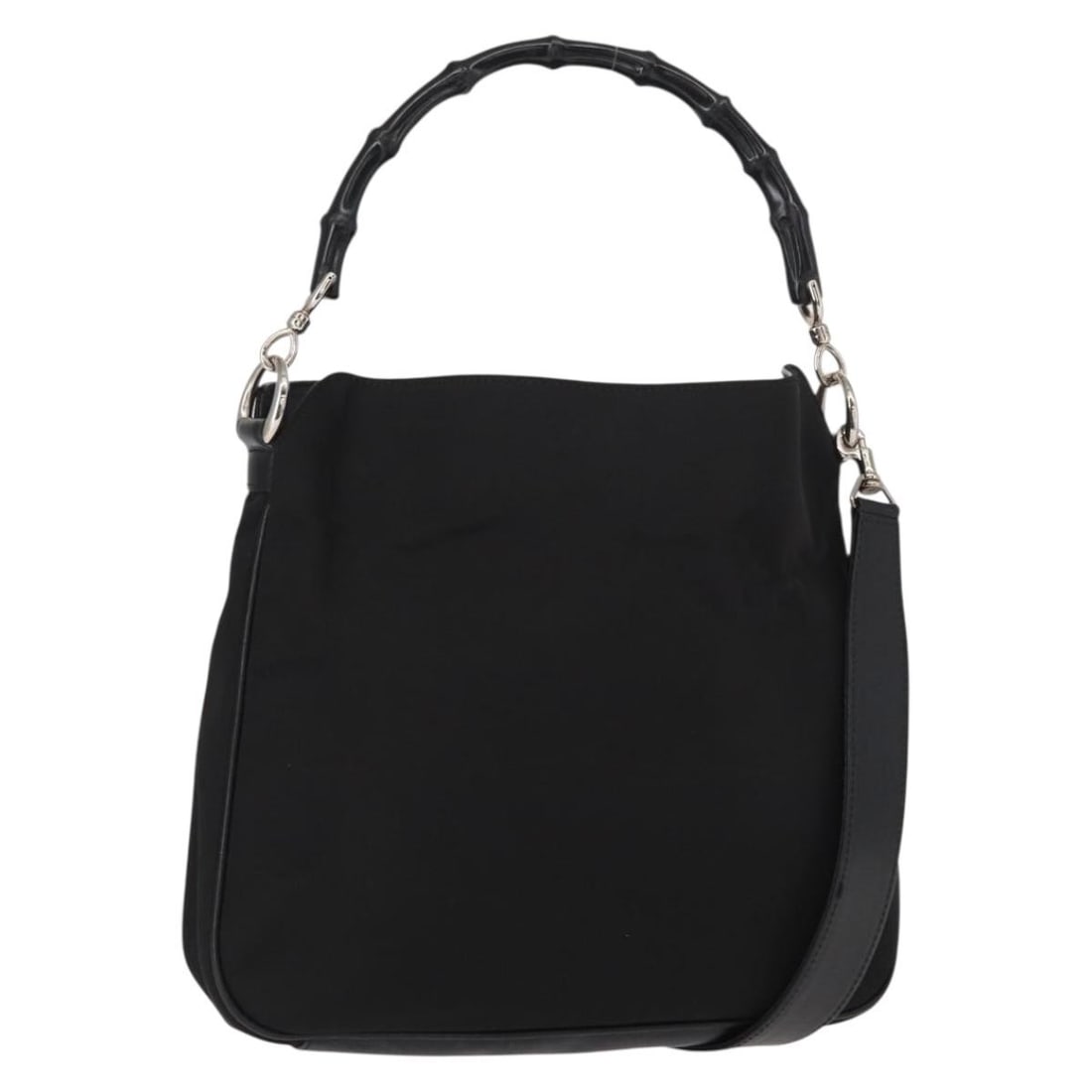 GUCCI Bamboo 2way Shoulder Bag Black Nylon Silver 001 1638 Authentic: GUCCI Bamboo 2way Shoulder Bag Black Nylon Silver 001 1638 Authentic Elevate your style with this authentic GUCCI Bamboo Shoulder Bag, crafted in Italy from durable nylon in a sleek black and silver c