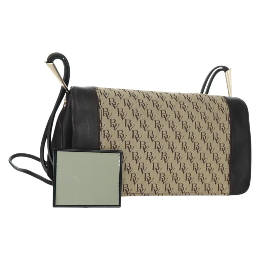 Beige and Gold Canvas Shoulder Bag by Bottega Veneta with Mirror Accessory: Beige and Gold Canvas Shoulder Bag by Bottega Veneta with Mirror Accessory This Bottega Veneta shoulder bag features a beige and gold canvas exterior with a structured silhouette. The bag includes a m