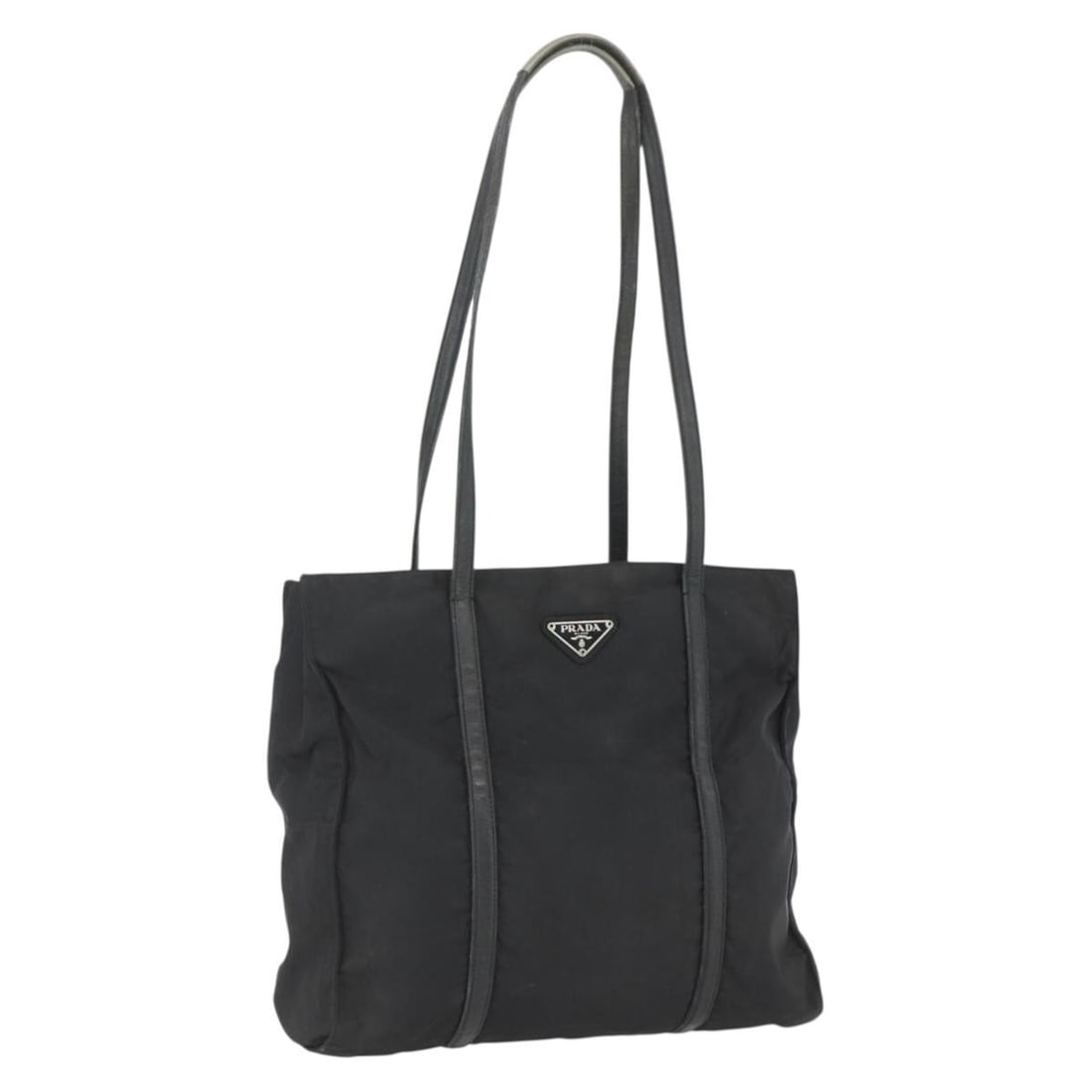 Black Nylon PRADA Shoulder Purse with Leather Trim Silver Details: Black Nylon PRADA Shoulder Purse with Leather Trim Silver Details This PRADA shoulder bag features a black nylon exterior with silver-tone accents and leather details. Crafted in Italy, the bag offers