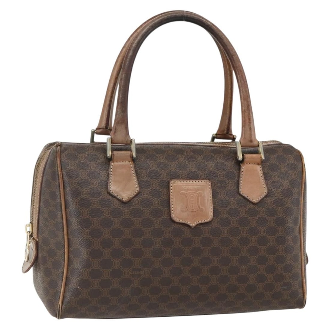 CELINE Macadam Canvas Hand Bag PVC Leather Brown Gold Made in Italy: CELINE Macadam Canvas Hand Bag PVC Leather Brown Gold Made in Italy The CELINE Macadam Canvas Hand Bag showcases a luxurious blend of PVC leather and Macadam canvas in an elegant brown and gold color