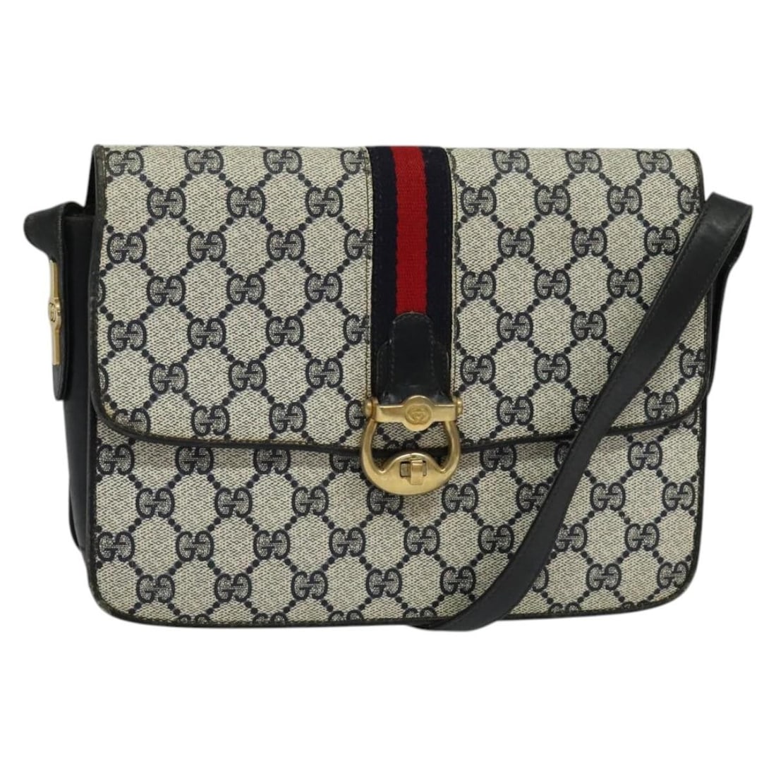 GUCCI GG Supreme Sherry Line Shoulder Bag PVC Navy Gold Red: GUCCI GG Supreme Sherry Line Shoulder Bag PVC Navy Gold Red This GUCCI GG Supreme Sherry Line Shoulder Bag is a stylish accessory that combines functionality with iconic design. Crafted from durable P