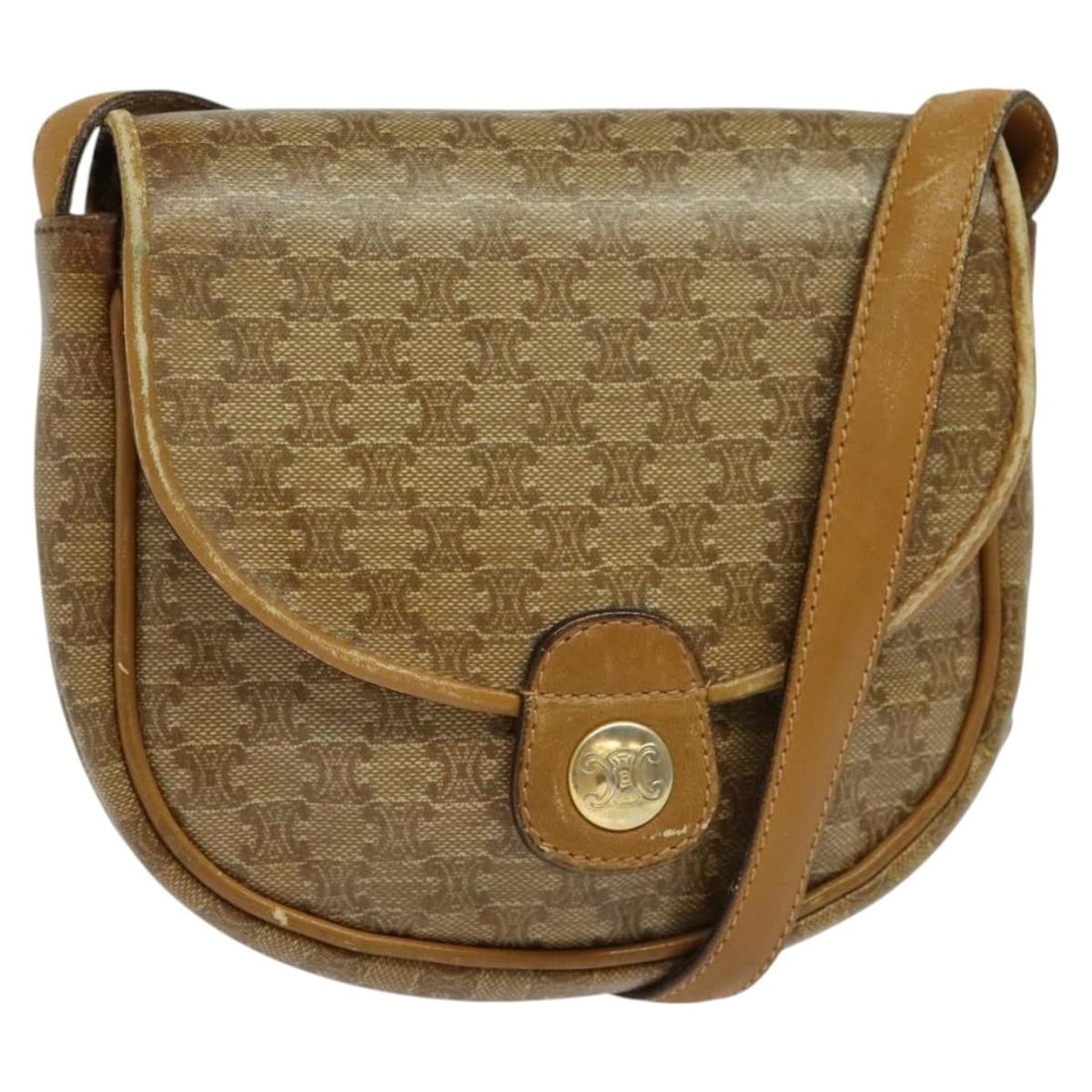 CELINE Beige Gold Macadam Canvas Shoulder Bag with Pouch: CELINE Beige Gold Macadam Canvas Shoulder Bag with Pouch This CELINE Macadam Canvas Shoulder Bag combines elegance with functionality. Crafted in Italy, this stylish shoulder bag features a chic beige