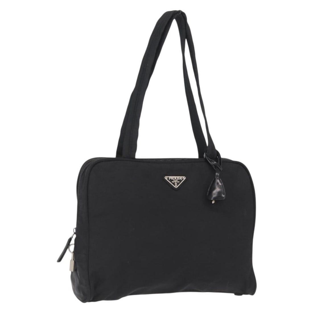 Black Nylon Prada Handbag with Silver Accents and Padlock Key Set: Black Nylon Prada Handbag with Silver Accents and Padlock Key Set This PRADA hand bag is crafted from black nylon with silver-tone accents. Made in Italy, it features a spacious main compartment and c