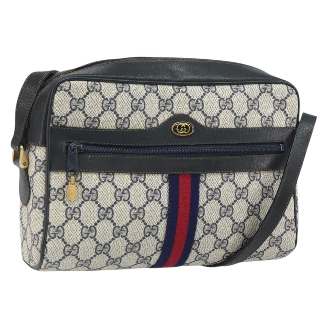 Gucci GG Supreme Navy Shoulder Bag PVC Leather Sherry Line 001 4071 5: Gucci GG Supreme Navy Shoulder Bag PVC Leather Sherry Line 001 4071 5 This is a Gucci GG Supreme Sherry Line shoulder bag crafted from navy, gold, and red PVC leather with GG canvas accents. It featur