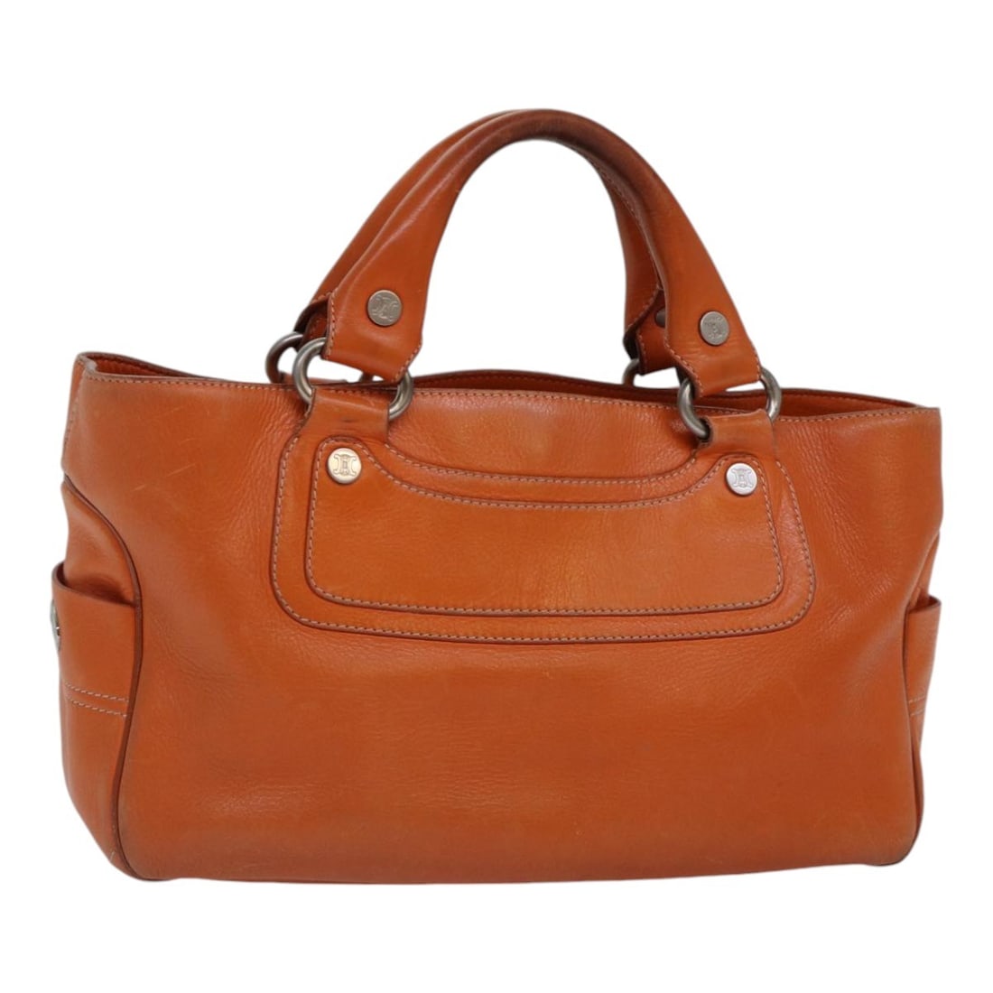 CELINE Orange Leather Hand Bag with Silver Accents Made in Italy: CELINE Orange Leather Hand Bag with Silver Accents Made in Italy This authentic CELINE hand bag features a striking orange and silver leather exterior, perfect for adding a pop of color to your outfit