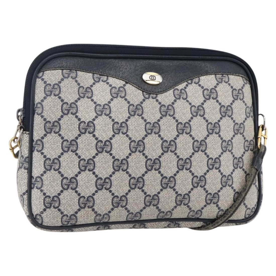 GUCCI GG Supreme Navy Gold Shoulder Bag PVC Auth 97 02 068: GUCCI GG Supreme Navy Gold Shoulder Bag PVC Auth 97 02 068 This GUCCI GG Supreme Shoulder Bag is a stunning accessory crafted in Italy, featuring a sophisticated navy and gold color scheme. Made from